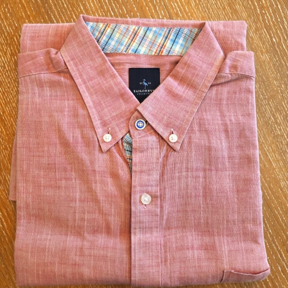 Tailorbyrd Collection Light Red Chambray Button Down Shirt Plaid Detail Size XL